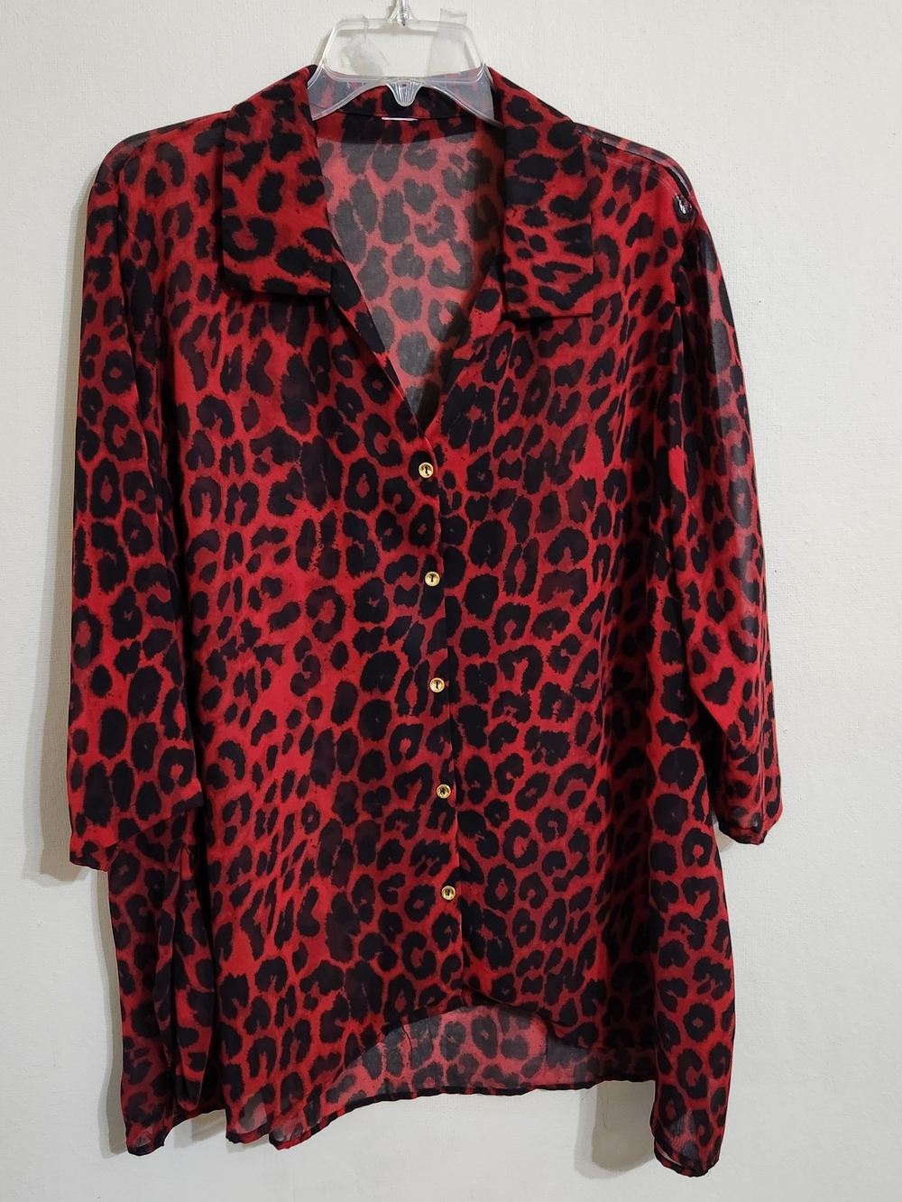 Sheer Red and Black Leopard Print Button-Down Blouse